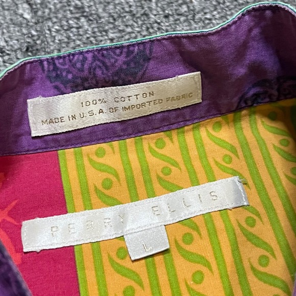 Vintage Perry Ellis Shirt Large Multicolor Patchwork Design Grandad Collar 90s - Picture 3 of 9